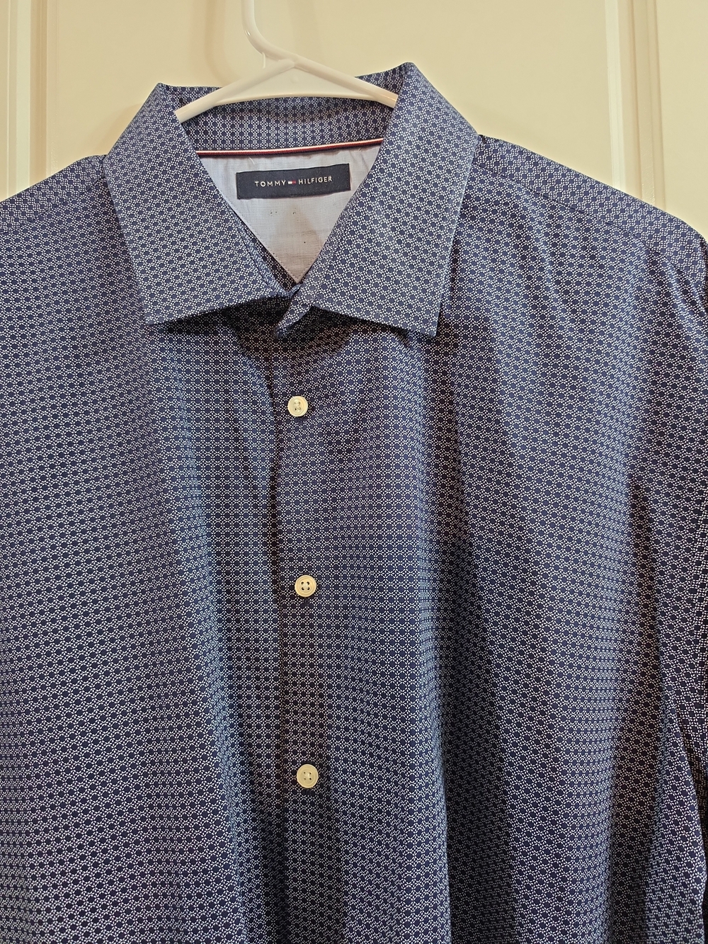 Tommy Hilfiger Men's Navy Geometric Cotton Dress Shirt 2XL Long Sleeve 18 34/35
